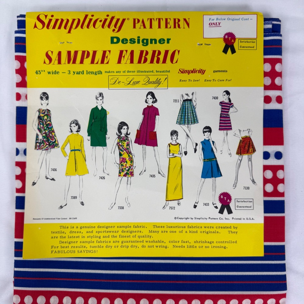 Vintage Simplicity Designer Sample Fabric 3 Yards Red White Blue Dots Stripes
